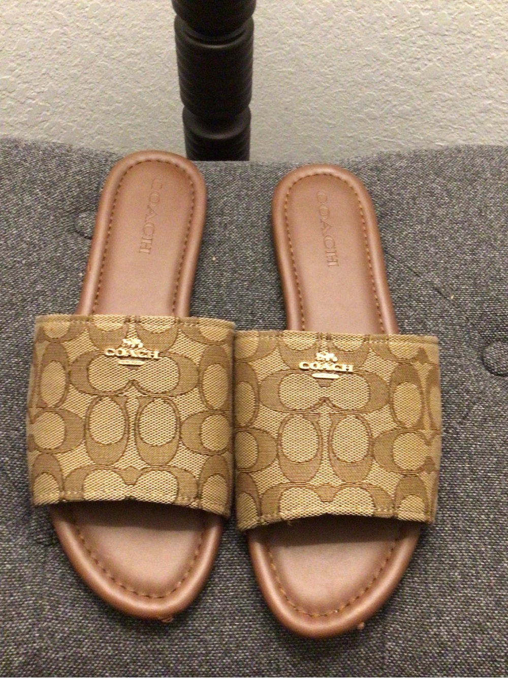 Coach Signature Canvas Slide Sandals in Tan and Brown